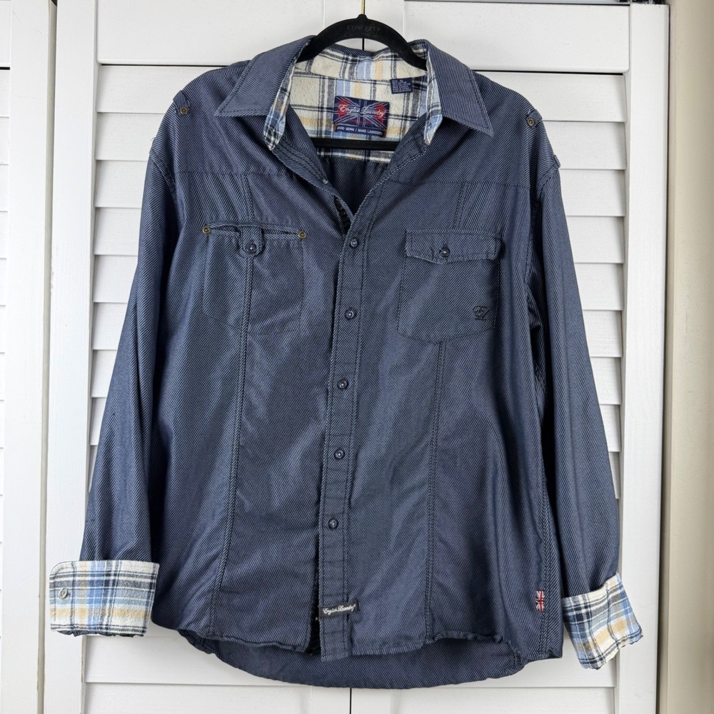 English Laundry Button Down Shirt Mens XL Navy Striped Plaid Trimmed Long Sleeve